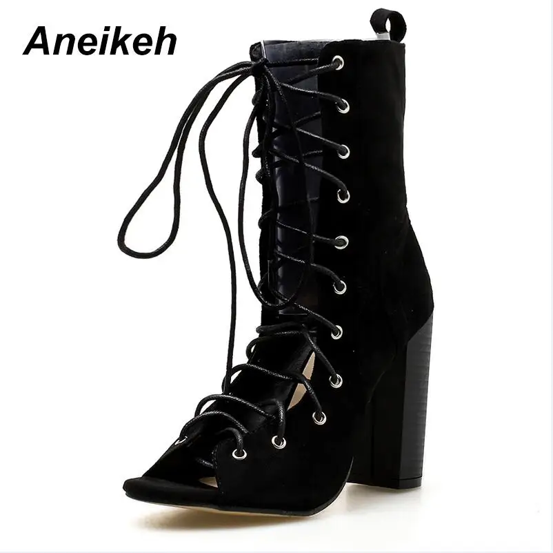 Aneikeh/Гладиатор Стиль замшевые туфли с открытым носом на платформе, со шнуровкой; сандалии на коротком каблуке сапоги Демисезонный на плоском квадратном каблуке; Ботильоны женская обувь - Цвет: Black