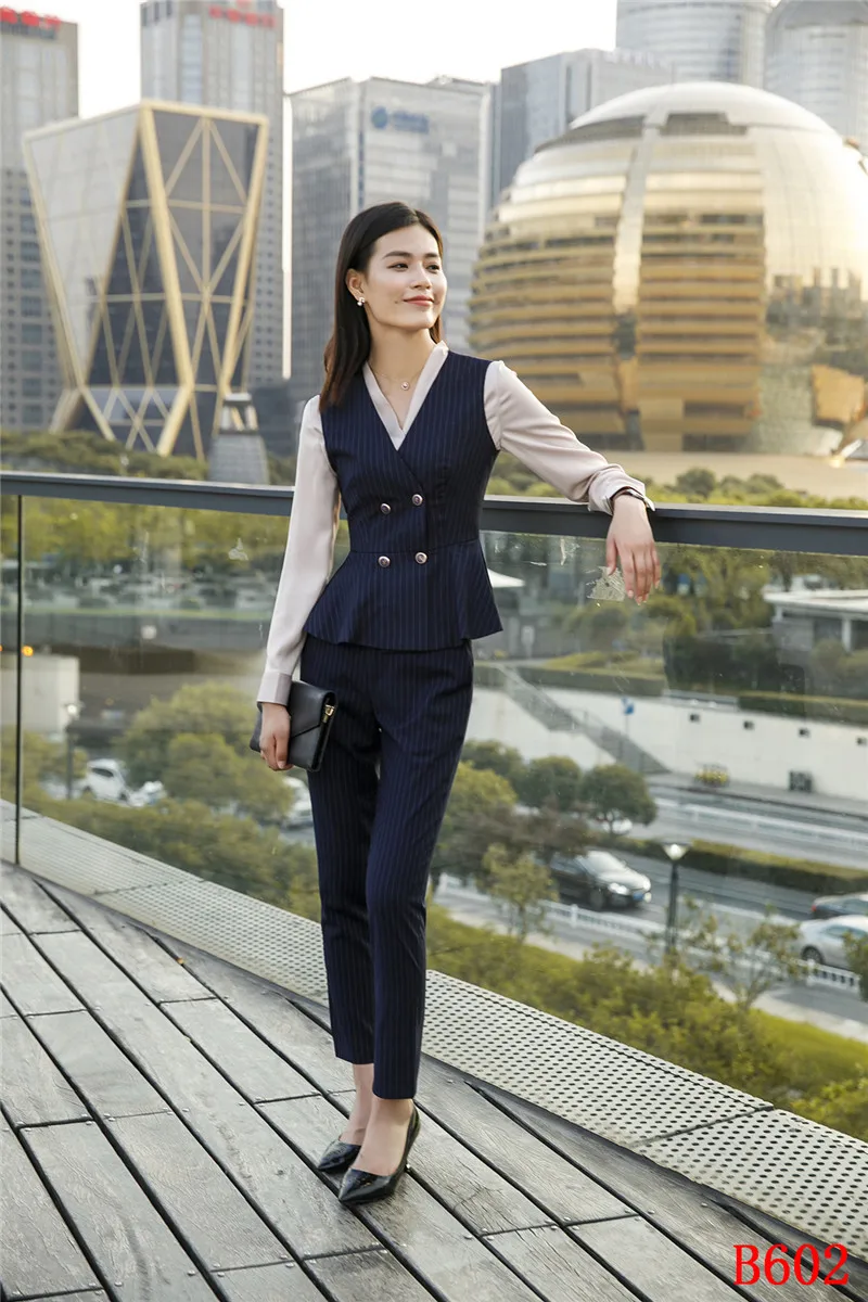 Высокое качество ткани вечернее Для женщин жилет и жилет синий полосатый для Дамская Мода Офис Единые Стили Повседневная Обувь Одежда