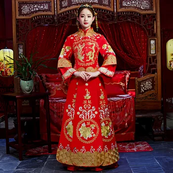 

Vintage Rhinestone Formal Qipao Traditional National style Wedding Embroidery Dragon Phoenix Wedding Dress Marriage Hanfu Suit