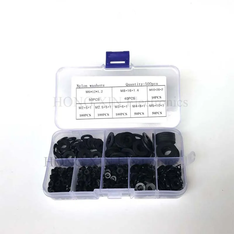 

500pcs/set nylon washer black Flat washers Plastic Nylon Washer kit Assortment Set M2/M2.5/M3/M4/M5/M6/M8/M10