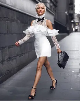 

Top Quality White Black Long Mesh Sleeve Off The Shoulder Rayon Bandage Dress Evening Party Dress