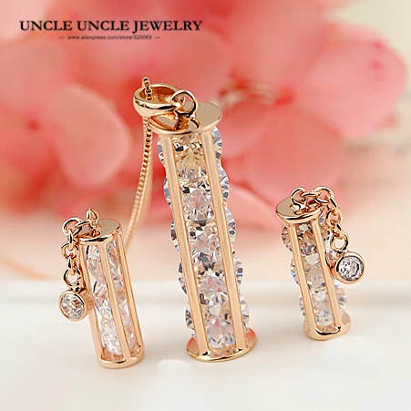 

Woman Long Tassels Jewelry Set Rose Gold Color Top Quality Zirconia Inside Wedding Necklace Earrings Set Wholesale