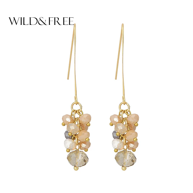 Wild&Free Vintage Crystal Beads Dangle Drop Earrings For Women Girl Gold Hook Long Earrings Romantic Wedding Jewelry Gift