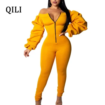 

QILI Plus Size Hot Sale Jumpsuits Women Off The Shoulder Zipper Pleated Sleeve Bodycon Jumpsuit Black Blue Yellow Casual Overall