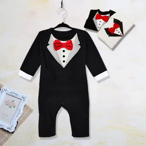 Комбинезон джентльмена с галстуком-бабочкой для новорожденных мальчиков, комбинезон, боди, комплекты одежды - Цвет: Черный