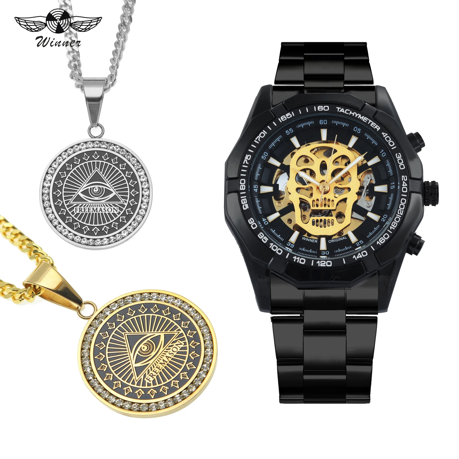 

WINNER Vintage Punk Skull Watch Men Auto Mechanical Luminous Dial Hip Hop Jewelry Set + Retro EYE Necklace for Man