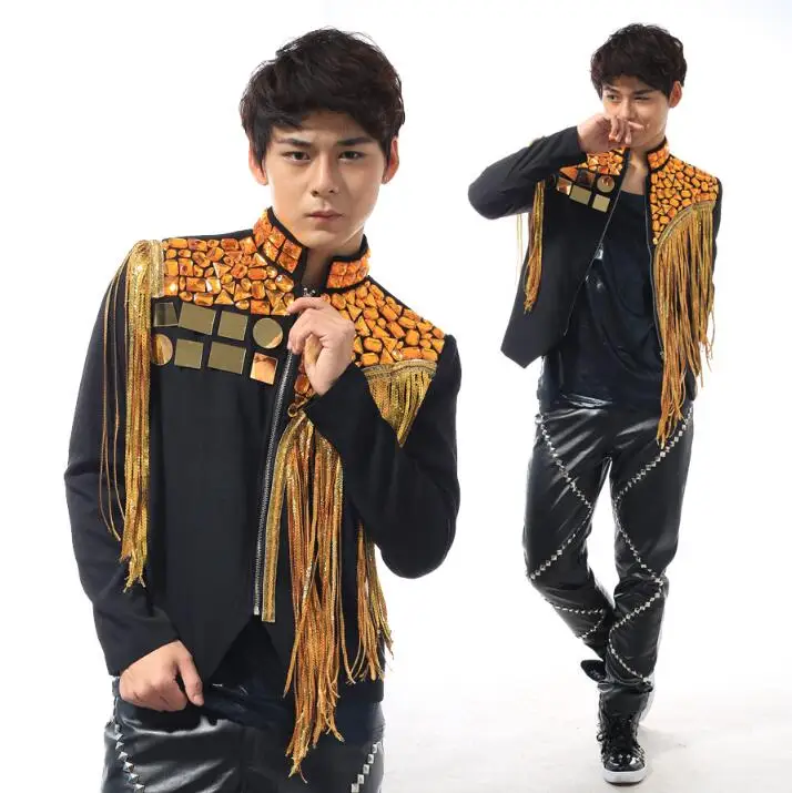 Gold tassel blazer men latest coat designs men costume homme stand collar paillette men's