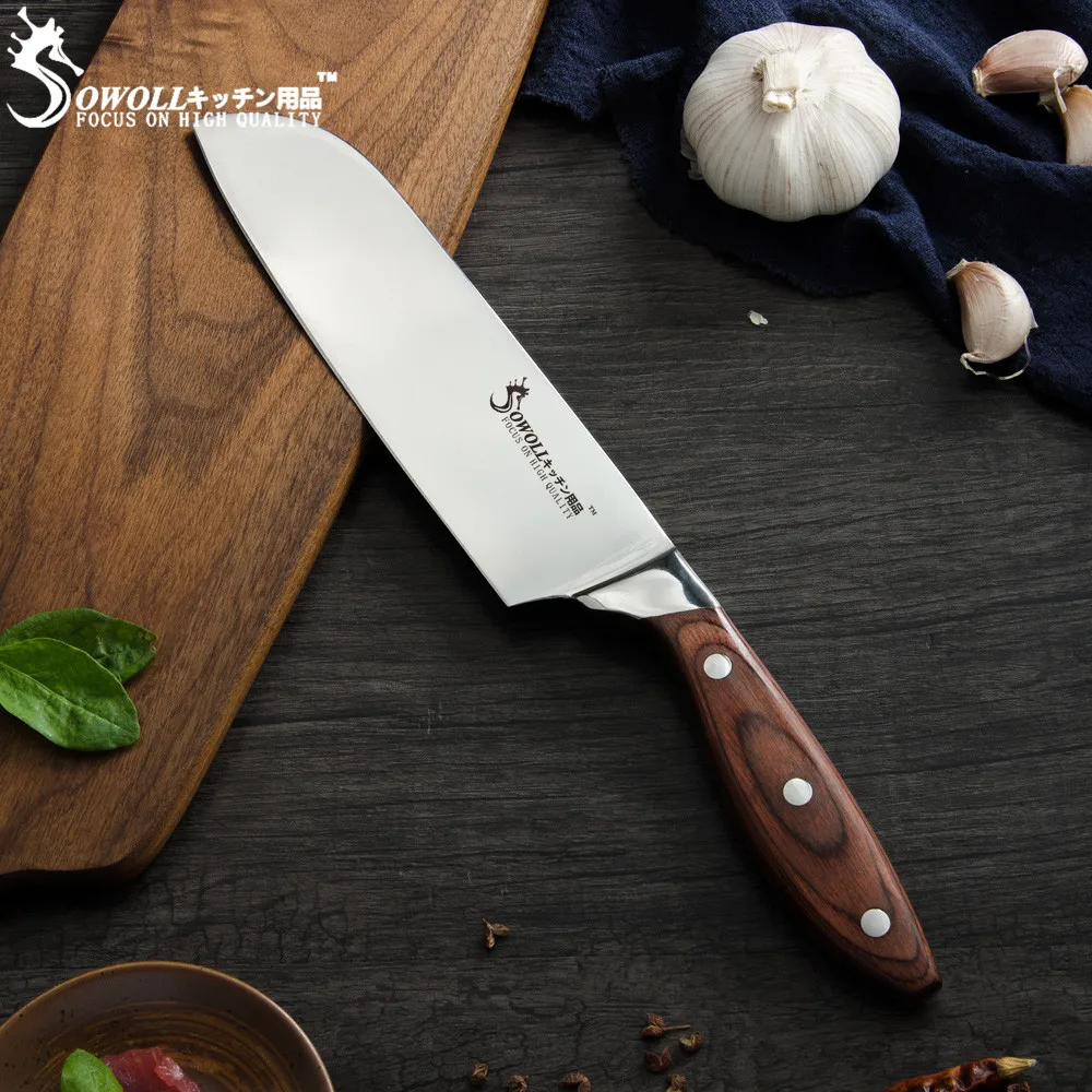 SOWOLL Германия 7Cr17mov кухонный нож из нержавеющей стали шеф-повара Santoku набор канцелярских ножей с заклепками деревянной ручкой Профессиональная кухонная посуда