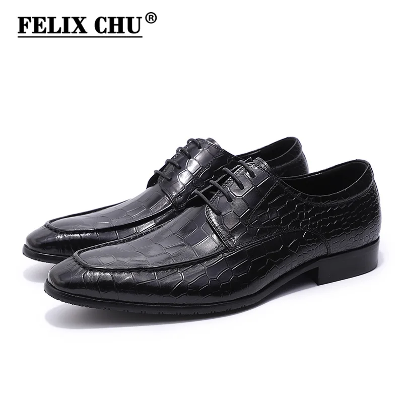

FELIX CHU Spring Autumn Men Black Derby Shoes Crocodile Print Genuine Leather Lace Up Male Dress Shoes For Office Wedding Party