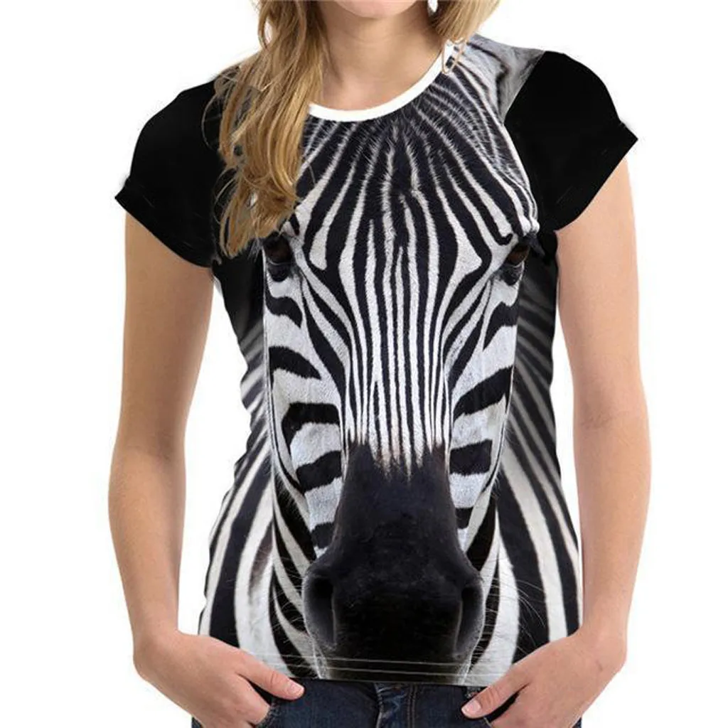 

WOMAIL Polyester Material Short Sleeve T-Shirt Women 3D Zebra Printed Design O-Neck Casual T-Shirt Female 19FEB22