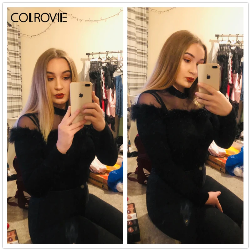 Черная сетчатая футболка COLROVIE с искусственным мехом Корейская зимняя женская