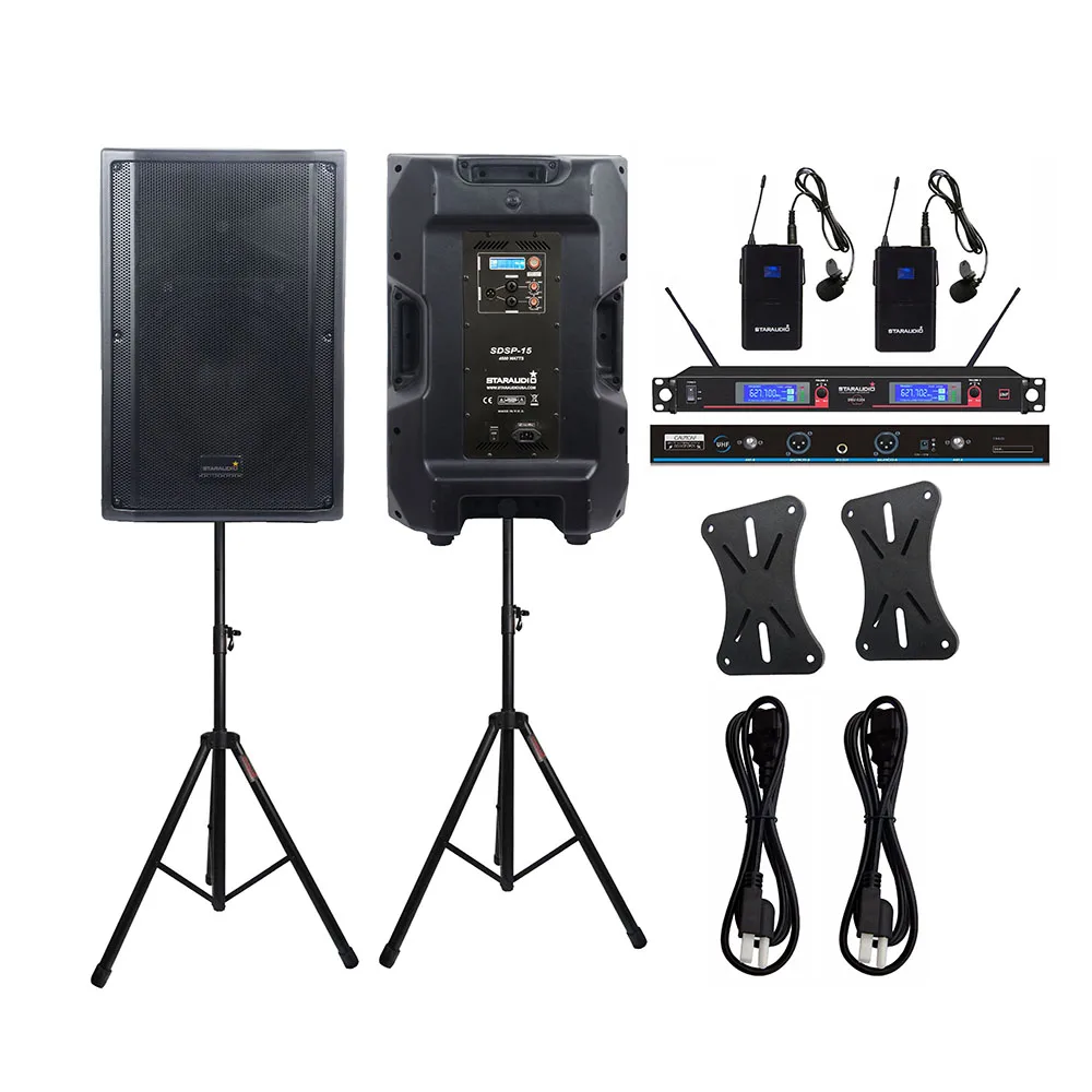 

STARAUDIO 4500W Active 15" Powered DSP Karaoke PA Speakers Stage DJ Stands Dual Channel UHF Wireless Headset Microphone SDSP-15