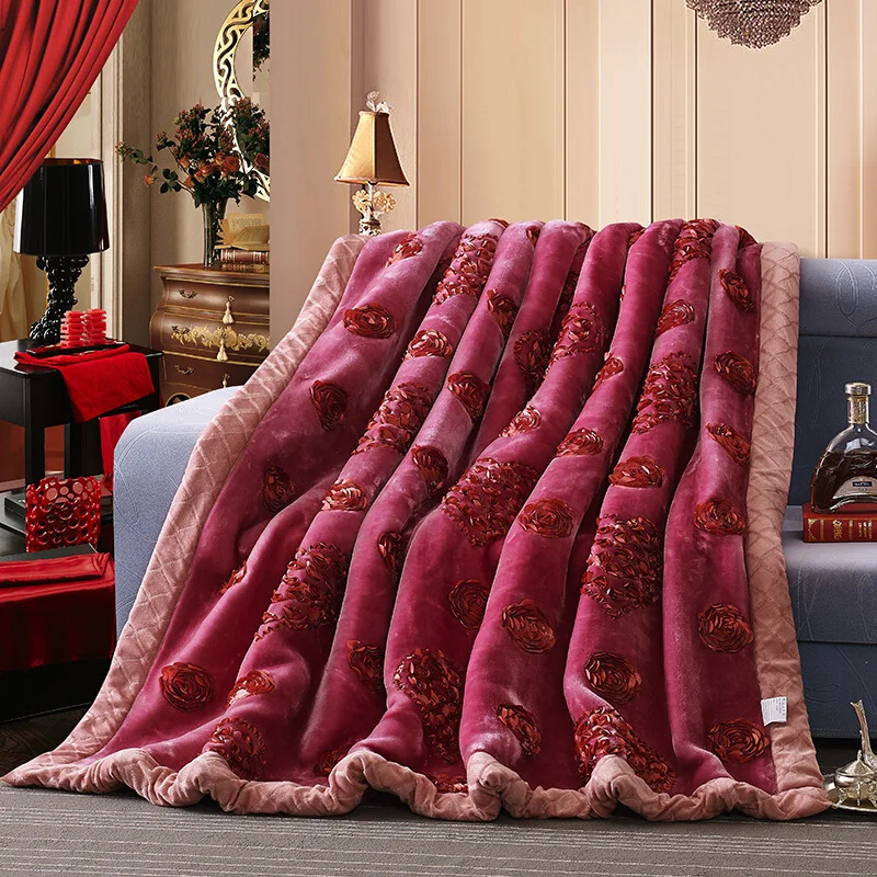 Rose And Heart Thick Fluffy Fuzzy Mink Blanket Double Layer Throw