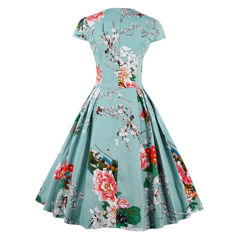 Kostlish Brand 2017 New Summer Dress Women Short Sleeve Slim 50s 60s Vintage Dress Elegant Print Swing Rockabilly Party Dresses (11)