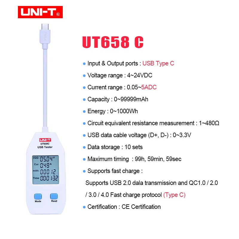 UNI-T UT658A/UT658C/UT658DUAL серия USB измеритель мощности и тестер цифровой измеритель напряжения/тока/емкости/энергии/сопротивления - Цвет: UT658C