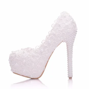 

2019 Women Platform Shoes Large Size 40 41 High Heels Shoes Sweet White Flower Pearl Wedding Shoes Woman Luxury Shoes for Bride