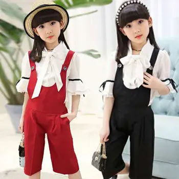 

Newest Arrivals Cute Toddler Kids Baby Girl Short Sleeve T-shirt Tops+Black/Red Bib Pant Overall 2PCS Outfits Children Clothes