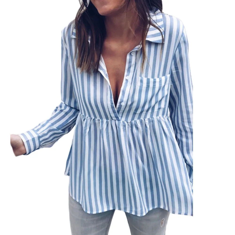 Deep V Neck Turn Down Collar Plain Blouses