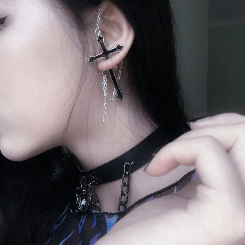 

Gothic Stud Earrings Fashion Jewelry Cross Earring Piercing Women New Black Couple Hot Sale Chain Punk Rock Kpop Earrings Female