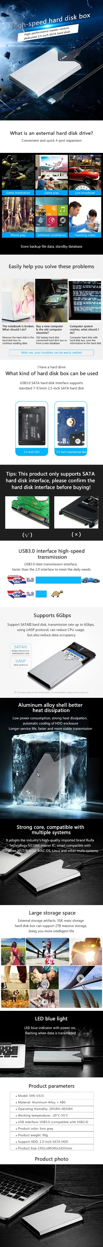 Чехол для жесткого диска SSK, 2,5 дюймов, SATA to USB3.0, корпус для жесткого диска, Тип C, для SSD, HDD Box, внешняя поддержка, окно/Макс/LinuxSHE-V315