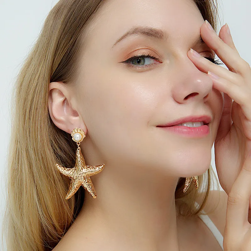 

2019 Bohemian Ocean Style Pearl Shell Starfish Gold Dangle Earrings For Women Latest Fashion Long Drop Earring Statement Jewelry