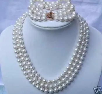 

FREE shipping>>>>>3ROW WHITE FRESHWATER PEARL NECKLACE & BRACELETS A++ 17-19"