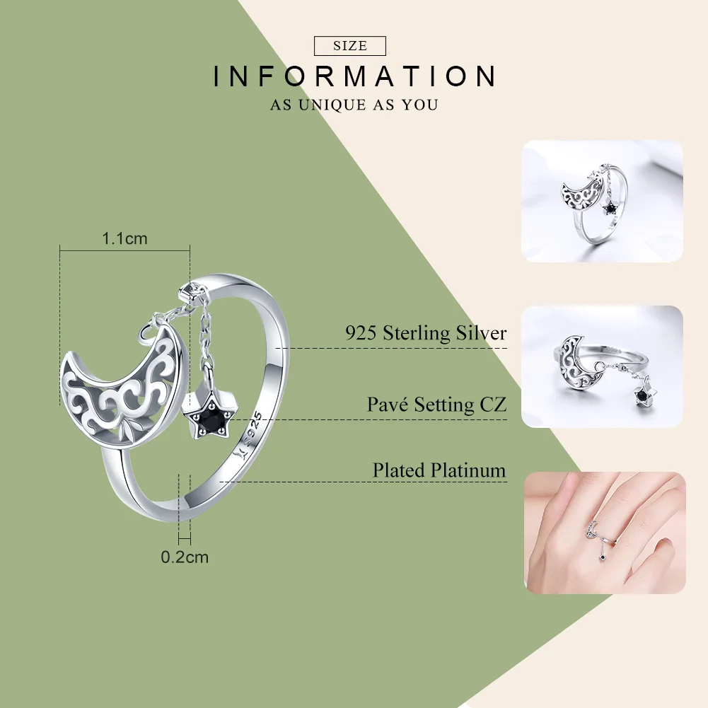 Finger Rings 925 Sterling Silver Moon And Star Long Chain Star Adjustable Finger Ring For Women