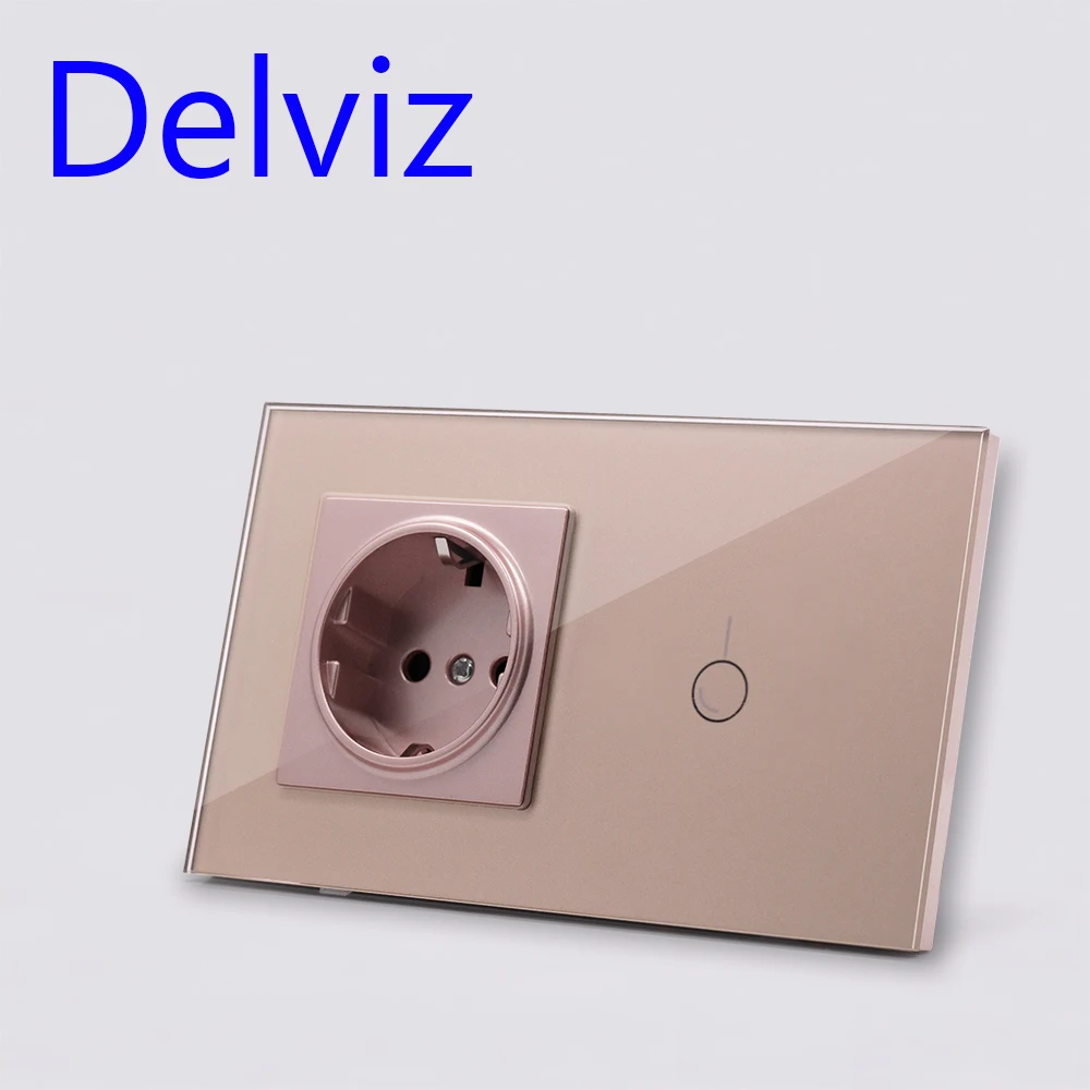 Delviz EU Standard Wall Switch Socket,1Gangs 1Way/2Way,AC 110~240V,mains jack,Home Touch Screen Light Switch,Crystal Glass Panel - Type: Gold