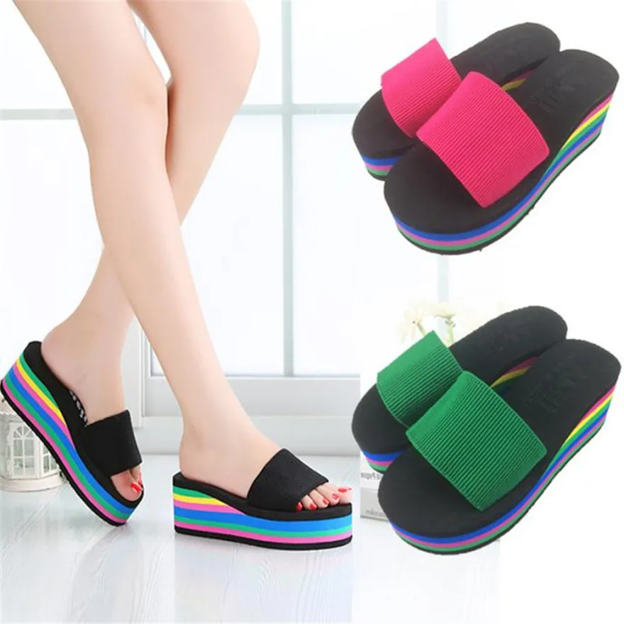 

Summer New Casual Non-slip Rainbow Platform Sandals Wedges Womens Girls Sandals High Heel Slippers Summer Beach Shoes terlik