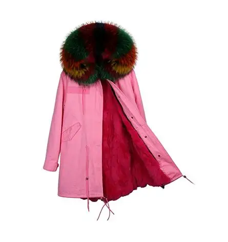 Модное женское розовое длинное пальто с капюшоном и большим воротником из меха енота, парки, верхняя одежда, зимняя куртка со съемной подкладкой из меха кролика - Цвет: 7