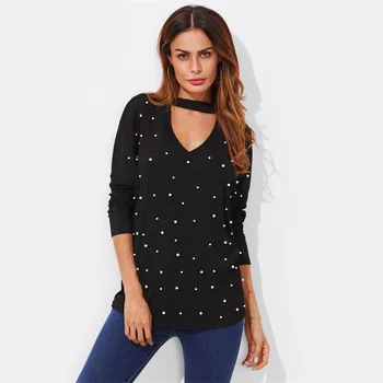 

Deep V Neck Women Long Sleeve T-shirt Tops Dot Printing Halter Style Sexy Summer Tops Clothes For Ladies
