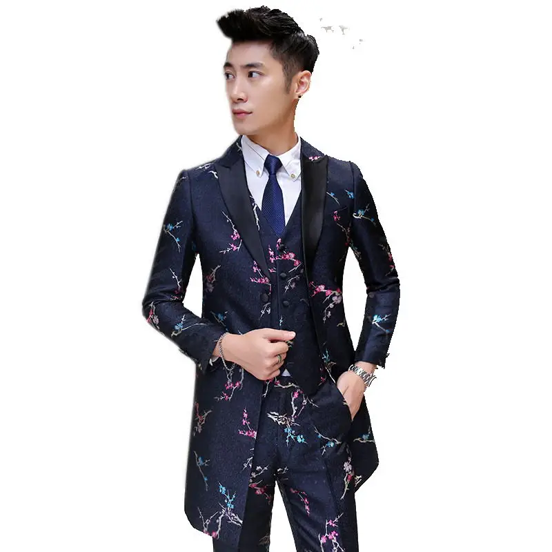 2016 new arrival high quality printed skinny black men's suits,long