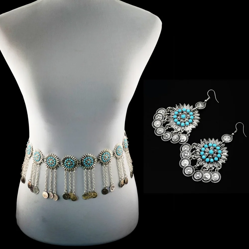 

Turkish Vintage Silver Charming Jewelry Set Gypsy Dancer Waist Chain Round Flower Coins Tassel Drop Earrings Women Retro Jewelry