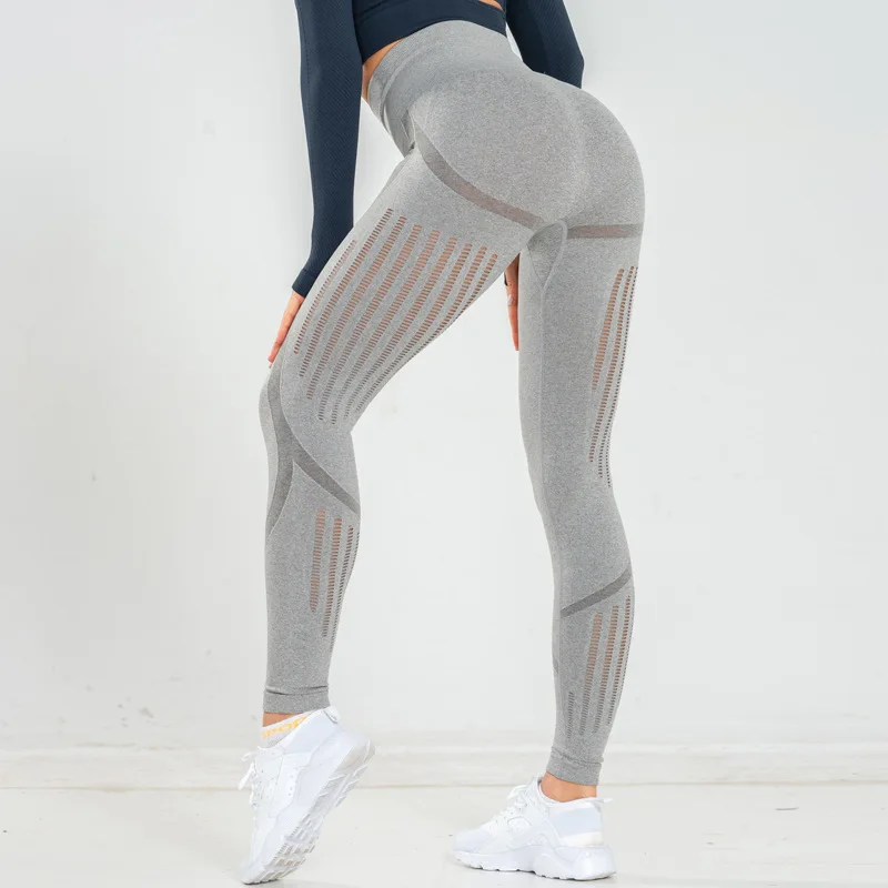 Открытые спортивные Леггинсы для женщин, штаны для йоги, дышащие, для бега, спортзала, спортивная одежда, эластичные штаны для фитнеса, энергетические, бесшовные, для контроля живота - Цвет: Серый