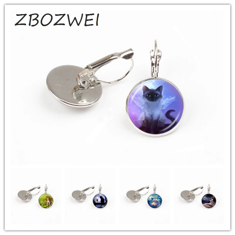 

ZBOZWEI Cute Grey Fairy Cat Photo earring Angel Wing Cat earring Kitten Jewelry Animal Sweater earring Glass Dome Jewellery