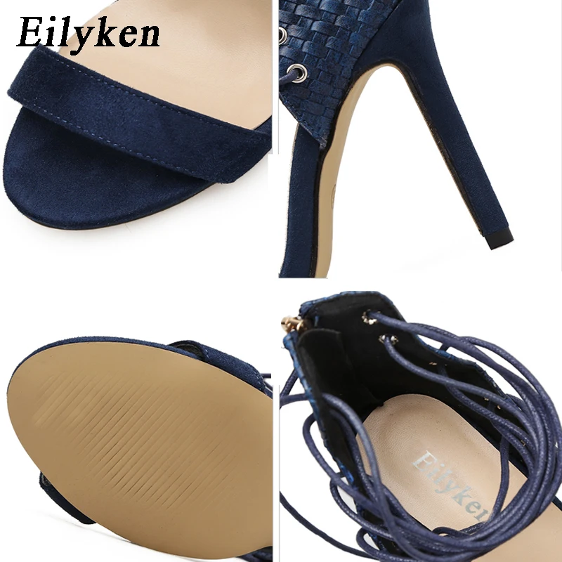 Eilyken Новые Классические пикантные женские босоножки Стиль ремешками босоножки на высоком каблуке гладиаторы, на шпильке женская обувь цвет синий, черный; большие размеры