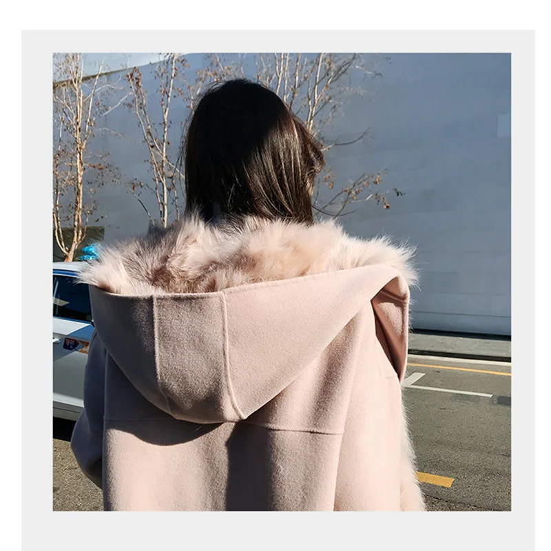 Дизайнерское зимнее шерстяное пальто для женщин, корейский длинный искусственный мех, Женская Лоскутная куртка, длинная теплая шуба из искусственного меха с капюшоном, осенняя верхняя одежда
