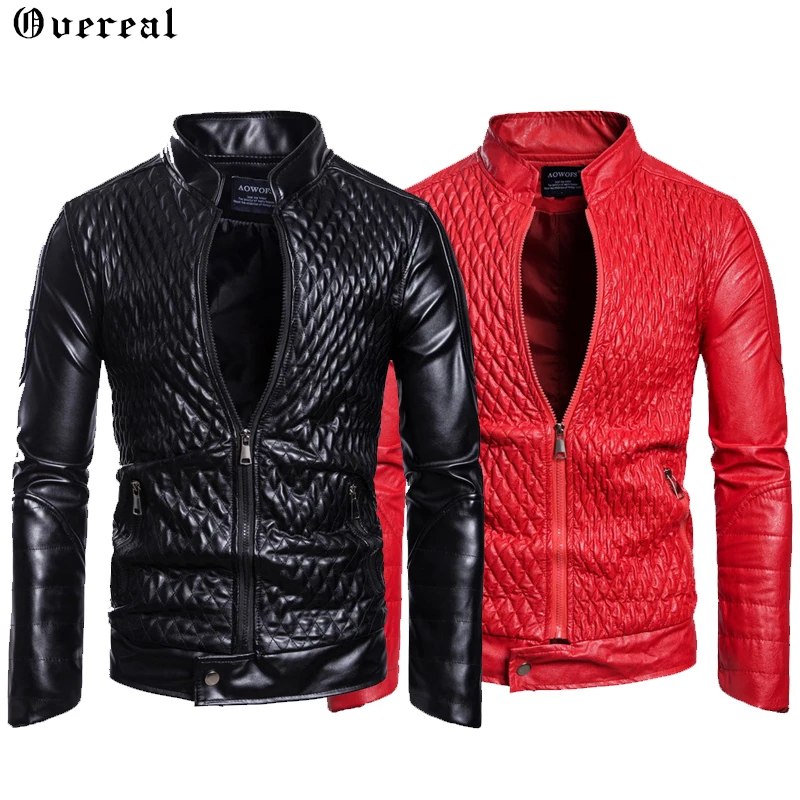 European Style Quilted Motorcycle Coats Male Leather Biker Jacket Men Winter Pleated Zipper Up Design Red Black fashion men s ripped jeans skinny slim fit pleated denim pant distressed high street biker jeans straight male brand trousers