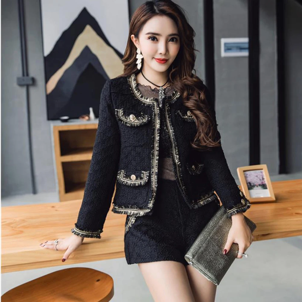 Piste Blazer Bouton Shorts Pièces Mode Pièce Noir Lxunyi Femmes Veste Tweed Costume Ensemble Patchwork Hiver Automne De 2 Deux wxf6H