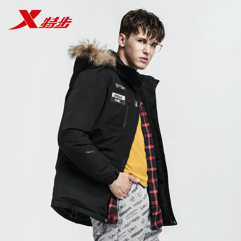 Skup Xtep 2019 zima męska kurtka puchowa moda wiatroszczelna mężczyźni dół kurtki gruby ciepły zdejmowany kaptur płaszcz 882429199231