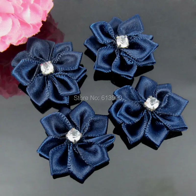 40Pcs Dark Blue Handmade Small Satin Flowers with Rhinestone Fabric