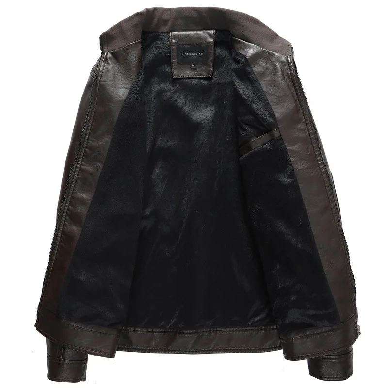 M-3XL плюс флисовая мужская кожаная куртка мотоциклетная кожаная куртка Мужская модная повседневная однотонная тонкая мужская кожаная куртка с воротником-стойкой
