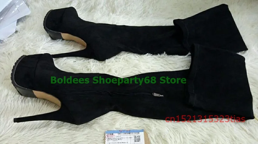 Sexy Black Suede Stilettos Women Super High Heels Over The Knee Boots Woman Fancy Slim Fit Platform Long Boots