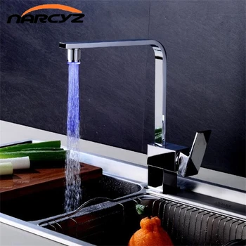 

LED Kitchen Faucet Chrome Brass Deck Kitchen Sinks Faucet High Arch 360 Degree Rotating Swivel Cold Hot Mixer Water Tap XT-43