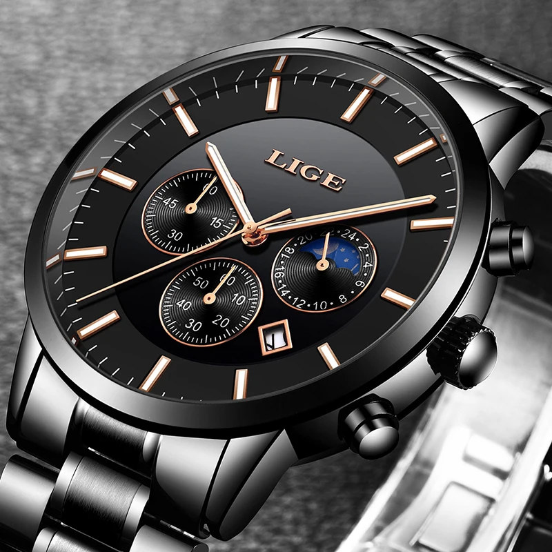2019 LIGE Mens Watches Top Brand Luxury Male Fashion Sports Watch Men Black All Steel Waterproof Quartz Clock 24Hour Moon Phase