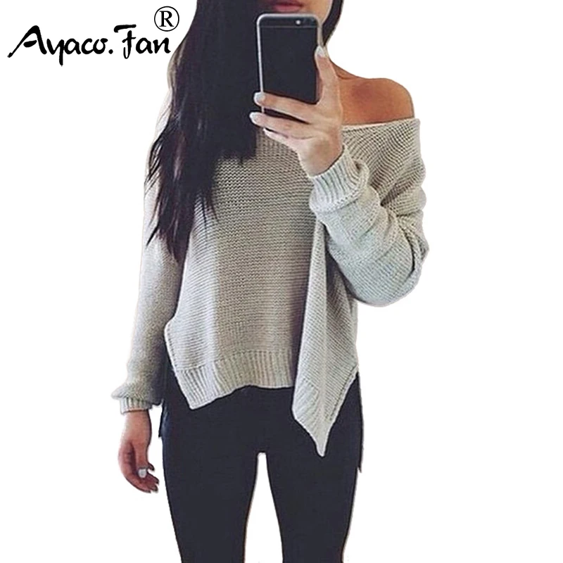 

Off Shoulder Irregular Split Style Knitted Sweater Autumn Winter New Sexy V-Neck Loose Pullovers Solid Slim Lady jumpers mujer