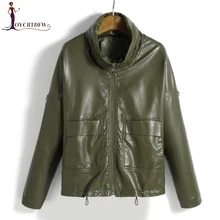 Осенняя Harajuku больших размеров M-3XL мотоцикл Для женщин кожаные пальто Новая мода Военный Зеленый бомбер женская короткая кожаная X133