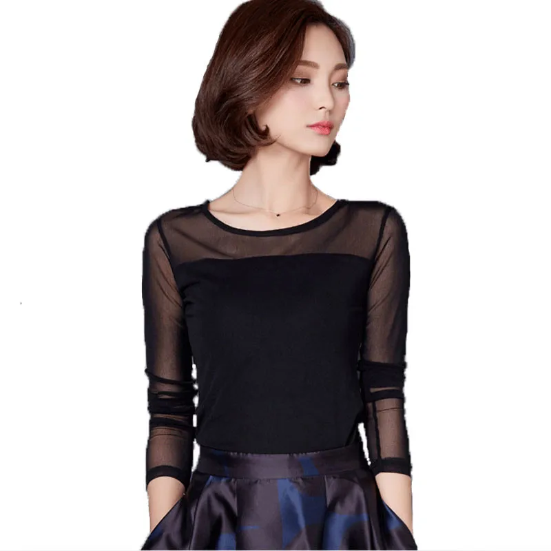 Sanishroly 2018 Summer Autumn Women Long Sleeve Blouses Thin Lace Blouse Ladies Solid Mesh Bottoming Shirt Tops Plus Size SE106 6