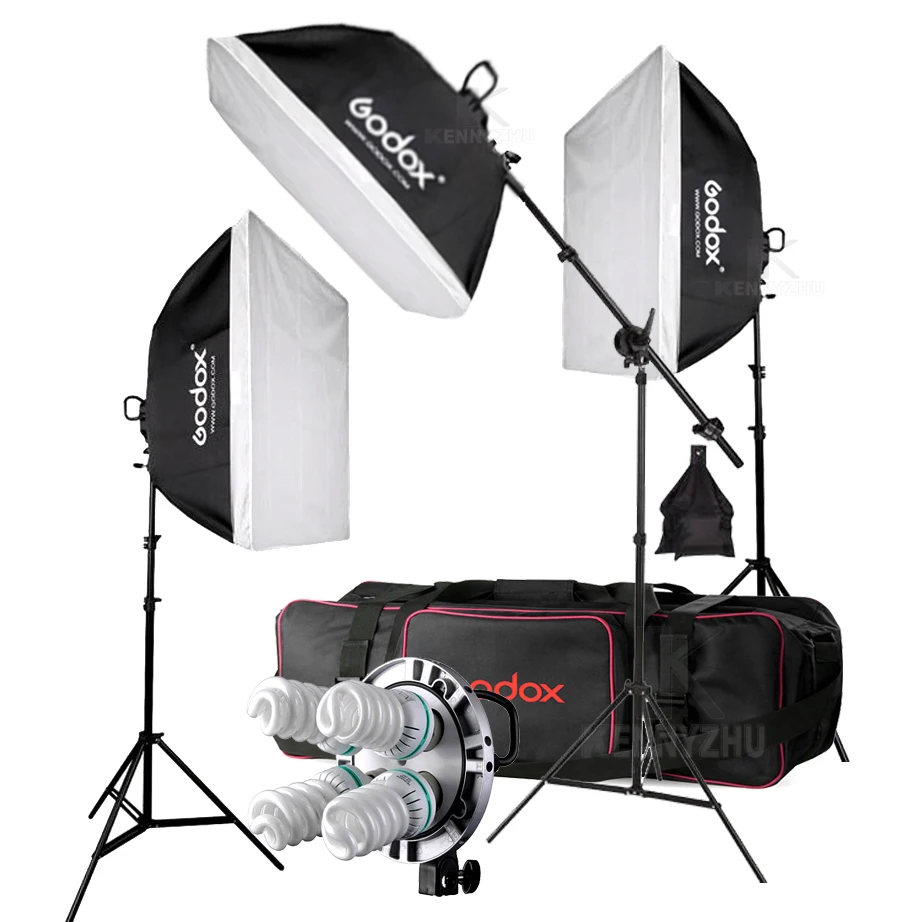 3x Godox TL-4 E27, 4 гнезда, светильник, держатель, головка+ 12 шт., 150 Вт, 5500 к, лампа+ 60x90 см, софтбокс, 2 м, подставка, сумка для переноски, студийный светильник, набор