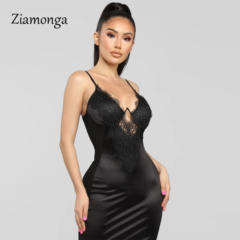 

Ziamonga Strapy Sleeveless Floral Lace Dress Sexy Hollow Out Satin Stretch Club Night Party Dress For Women Bandage Vestidos